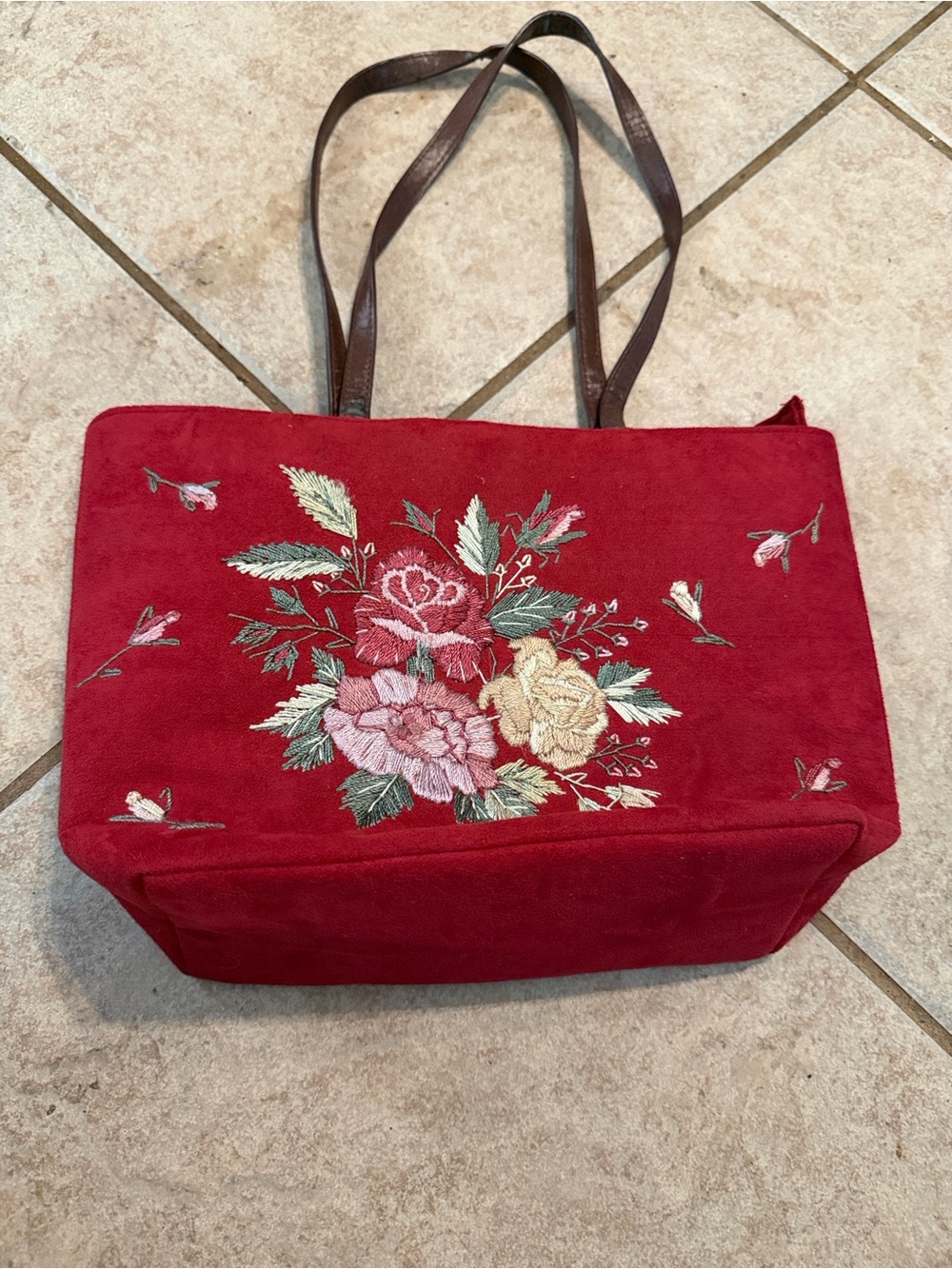 Red Embroidered Floral Tote Bag with Brown Straps